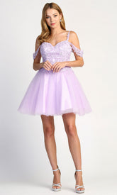 Adora Design 1006 - Floral Embroidered Lace-Up Back Mini Dress
