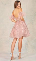 Adora Design 1028 - Shimmer Embroidered Puff Sleeve Mini Dress