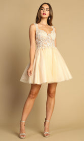 Adora Design 1045 - Wide Strap Floral Embroidered Mini Dress