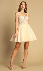 Adora Design 1045 - Wide Strap Floral Embroidered Mini Dress