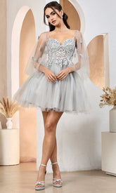 Adora Design 1053 - Butterfly Applique Illusion Cape Sleeve Dress