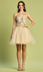 Adora Design 1054 - Asymmetric Neckline Floral Applique Short Dress