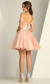 Adora Design 1060 - Off Shoulder Short Dress with Beaded Brooch