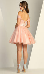 Adora Design 1060 - Off Shoulder Short Dress with Beaded Brooch