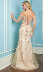 Adora Design 3079 - Illusion Sleeve Off Shoulder Evening Dress