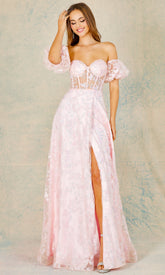 Adora Design 3083 - Butterfly Applique Puff Sleeve Long Dress
