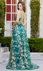 Adora Design 3137 - Long V-Neckline Floral Embroidered Dress