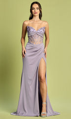 Adora Design 3180 - Deep V-Neck Applique Illusion Corset Dress