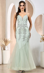 Adora Design 3183 - Embroidered Plunging Neck Mermaid Dress