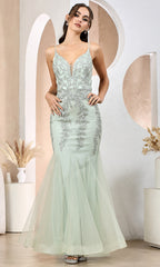 Adora Design 3183 - Embroidered Plunging Neck Mermaid Dress