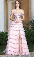 Adora Design 3213 - Off Shoulder Tiered Embellished Dress
