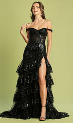 Adora Design 3220 - Off Shoulder Embellished Tiered Dress