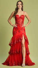 Adora Design 3221 - Scalloped Hem Floral Applique Prom Dress