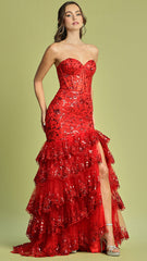 Adora Design 3222 - Applique Strapless Tiered Prom Dress with Slit