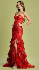 Adora Design 3222 - Applique Strapless Tiered Prom Dress with Slit