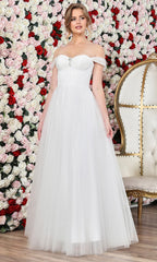 Adora Design 3244-01 - Off Shoulder Layered Dress with Beaded Brooch