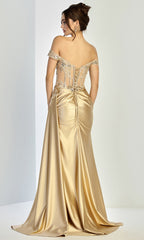 Adora Design 3281 - Off Shoulder Corset Long Gown with Side Drape