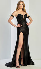 Adora Design 3293 - Sheath High Slit Prom Gown with Floral Applique