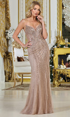 Adora Design 3311 - Linear Beadwork Deep V-Neck Long Gown