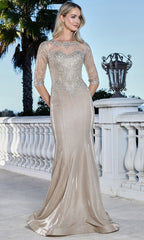 Adora Design 3354-03 - Embroidered Three-Quarter Sleeve Formal Gown