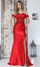 Adora Design 3376 - Beaded Applique Off Shoulder Long Gown