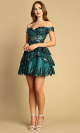 Adora Design 1051 - Off Shoulder Tiered Sparkle Cocktail Dress
