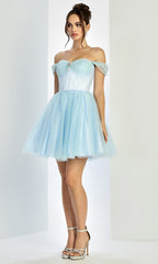 Adora Design 1060 - Off Shoulder Short Dress with Beaded Brooch