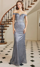 Adora Design 3093 - Beaded Belt Plunging Sweetheart Long Dress
