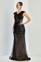 Adora Design 3272-03 - Illusion V-Neck Beaded Formal Gown