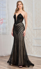 Adora Design 3282 - Illusion Sides Plunging V-Neck Beaded Gown