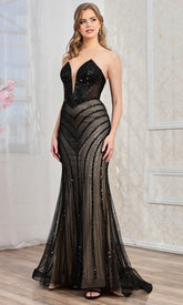 Adora Design 3282 - Illusion Sides Plunging V-Neck Beaded Gown