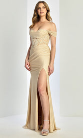 Adora Design 3285 - Draped Cap Sleeve Embellished Long Gown