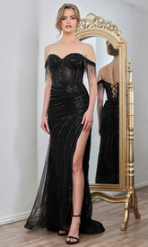 Adora Design 3296 - Fringe Accent Off Shoulder Evening Gown