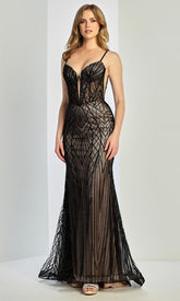 Adora Design 3300 - Spaghetti Strap Beaded Geometric Prom Gown