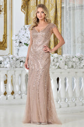 Adora Design 3332-03 - Shimmer Cap Sleeve Formal Gown