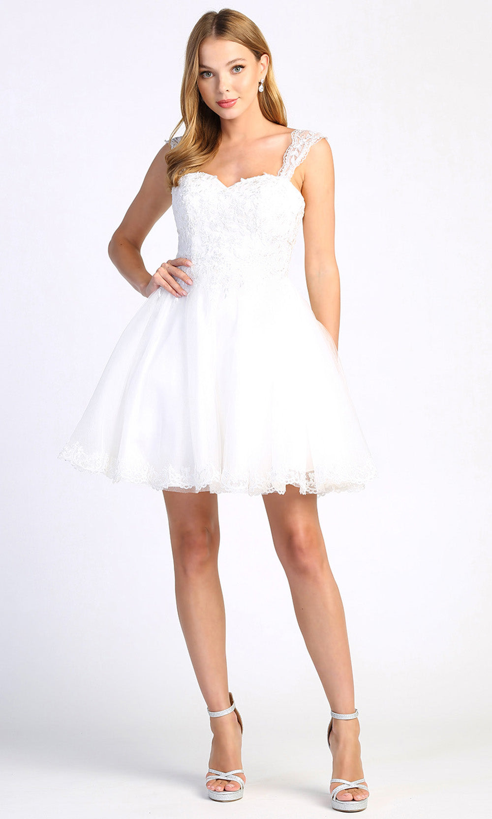 Adora Design 1004-01 - Lace Ornate Wide Strap Short Dress