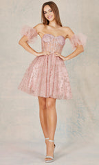 Adora Design 1028 - Shimmer Embroidered Puff Sleeve Mini Dress