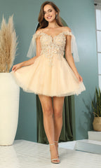 Adora Design 1042 - 3D Floral Detail Bow Sleeve Mini Dress