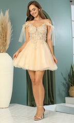 Adora Design 1042 - 3D Floral Detail Bow Sleeve Mini Dress