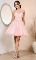 Adora Design 1054 - Asymmetric Neckline Floral Applique Short Dress