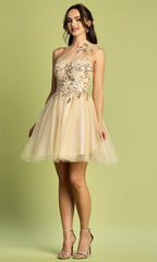 Adora Design 1054 - Asymmetric Neckline Floral Applique Short Dress
