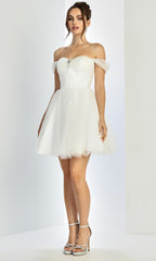 Adora Design 1060-01 - Off Shoulder Beaded Brooch Short Dress