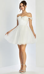 Adora Design 1060-01 - Off Shoulder Beaded Brooch Short Dress