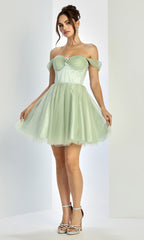 Adora Design 1060 - Off Shoulder Short Dress with Beaded Brooch