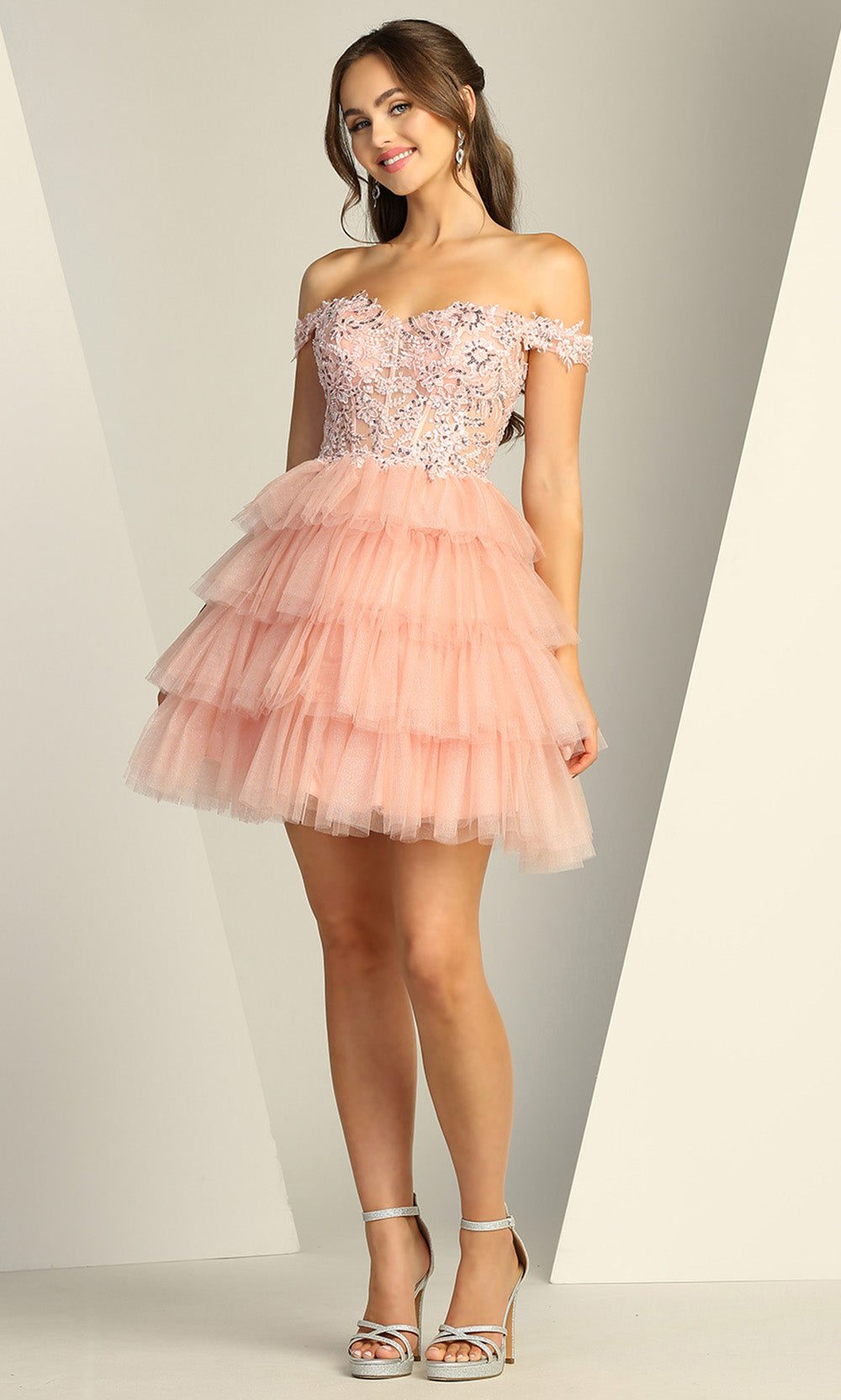 Adora Design 1061 - Floral Embroidered Ruffle Short Dress