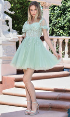 Adora Design 1078 - Flutter Sleeve Embroidered Short Dress
