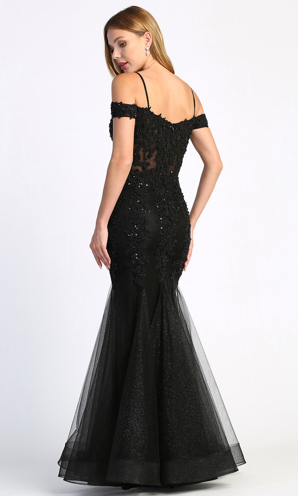 Adora Design 3005 - Beaded Lace Cold Shoulder Evening Dress