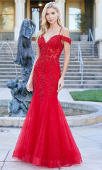 Adora Design 3005 - Beaded Lace Cold Shoulder Evening Dress