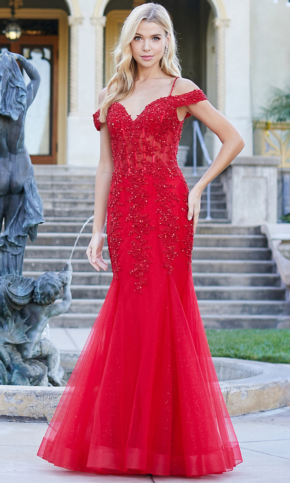 Adora Design 3005 - Beaded Lace Cold Shoulder Evening Dress