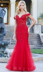 Adora Design 3005 - Beaded Lace Cold Shoulder Evening Dress